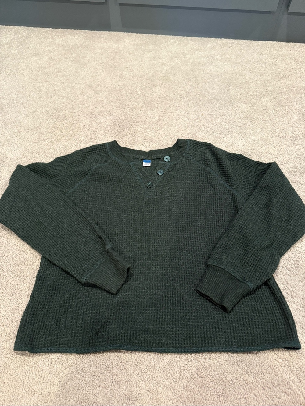 Women’s Dark Green Waffle Knit Button Henley Sweater